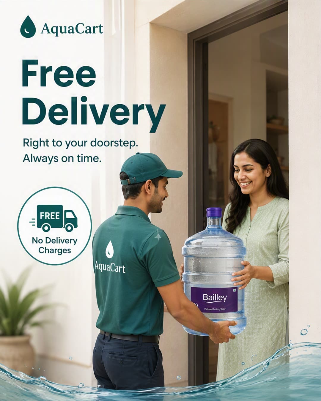 An AquaCart delivery partner handing a sealed 20L can to a customer at her door
